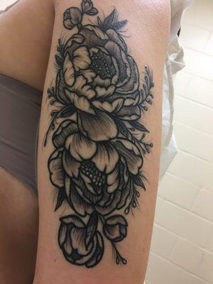 2 weeks post tattoo. Healed great. Peonies done by Paul