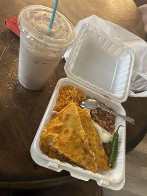 Carne asada quesadilla and orchata.