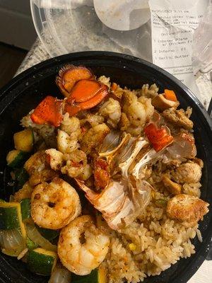 Lobster entree (shrimp, lobster, rice and veggies) I had chicken friend rice subbed.