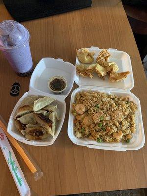 Dumplings pan fried, cheese wontons, taro milkshake with tapioca boba, and shrimp fried rice.