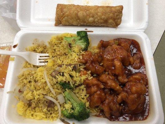 General Tso's Chicken Lunch Combo with pork fried rice and a pork egg roll.