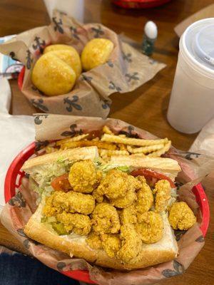 Fried shrimp Poboy and butter honey rolls