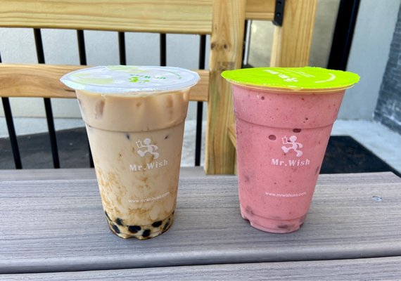 Black Milk Tea with Boba and Strawberry Fruit Sorbet Smoothie.