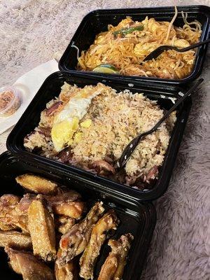 Chinese sausage and egg fried rice, ginger pop chicken wings, and pad Thai