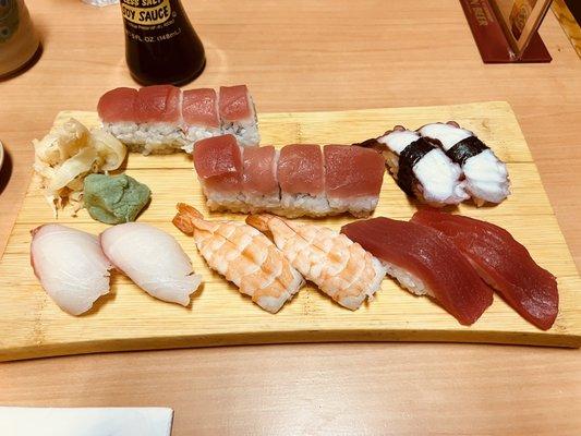 2 Piece Red Snapper, 2 piece shrimp, 2 Piece Octopus, 2 Piece Yellowtail Tuna Sushi Roll