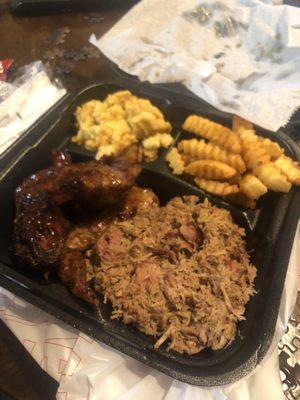 Wings & BBQ Combo plate with french fries and Mac and cheese