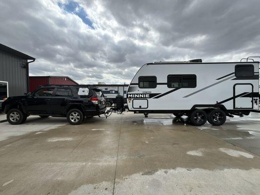 Our new Winnebago Micro Minnie 1800BH attached onto our Toyota 4Runner