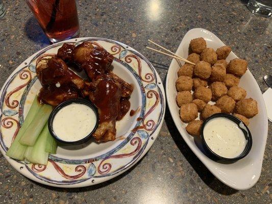 Bbq wings and hot pepper cheese balls