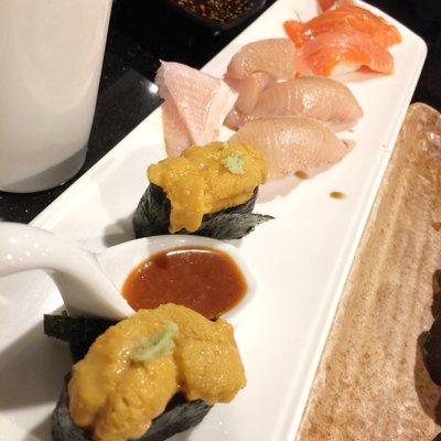 Uni, Yellow Tail, Halibut and Salmon Sushi