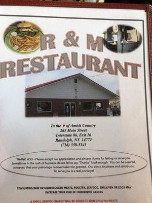 Front of the menu and pic of the restaurant.