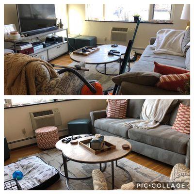 before and after my cleaning and organizing a tv room!