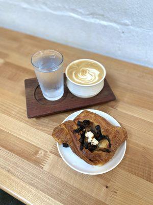 Latte w/ Oat Milk, Mushroom Feta Danish