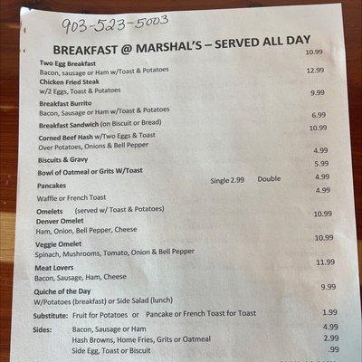 Breakfast menu