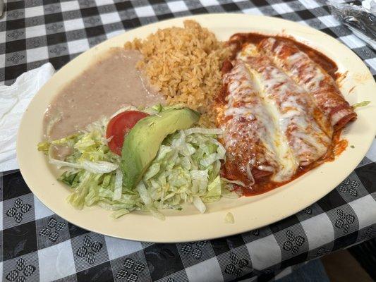 Bad chicken enchiladas, terrible rice and worse beans.