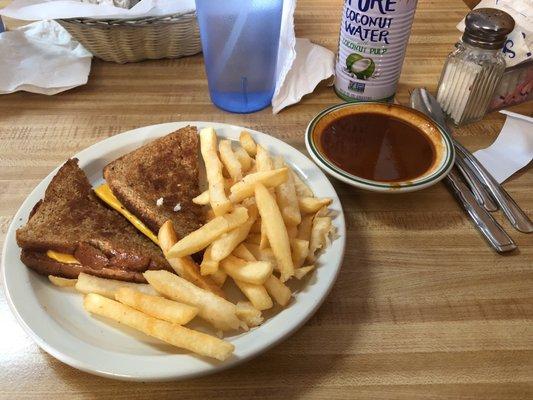 Grilled Cheese with Fries and a side of Red chili