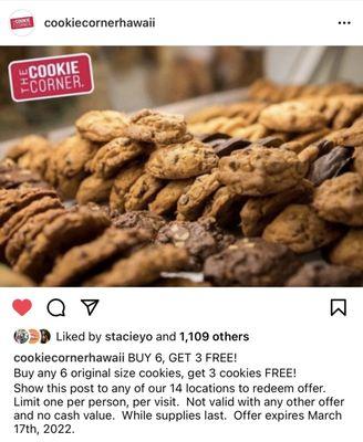 Promo till 3/17/22 follow them on IG @cookiecornerhawaii for deals