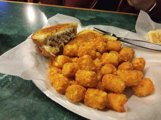 Patty melt with GREAT tots