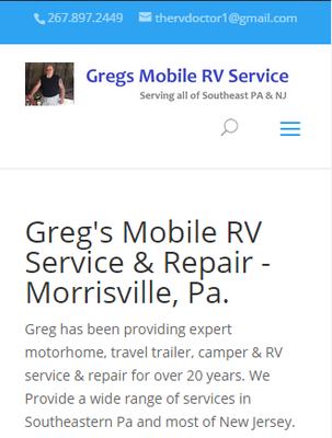 Greg's Mobile RV Service & Repair, mobile version of the website.