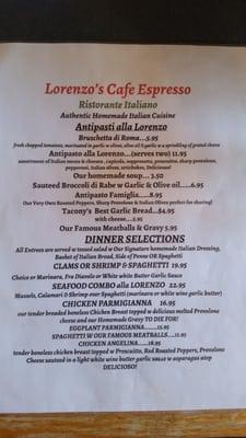 Dinner menu