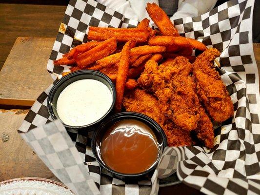 Chicken tenders and sweet potato fries