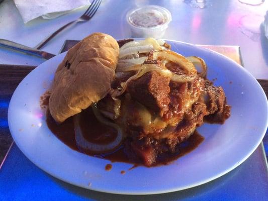 Famous Swine Burger, stuffed with Jalapeños, chili, pepper jack and Tony Paco relish!) Eat open face unless very adventurous!