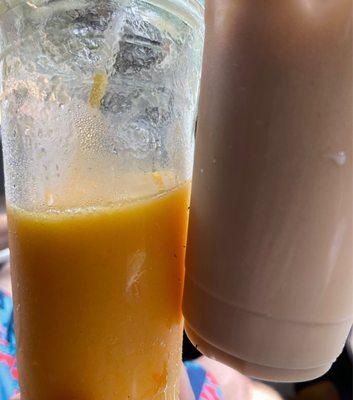 Mango smoothie and vanilla iced latte.