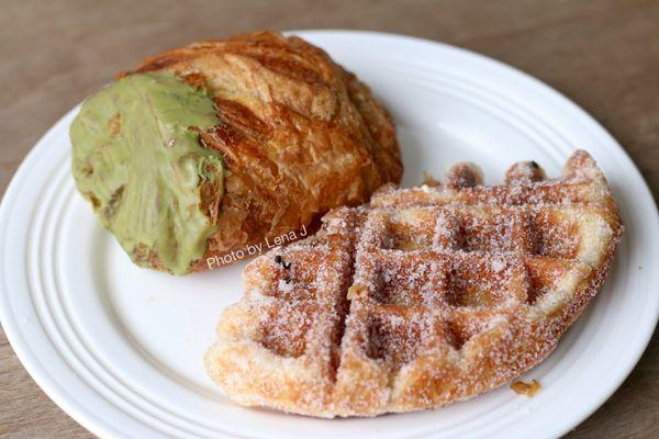 Cardamom Croffle (Croissant Waffle) ($4.00) and Matcha Cream Seasonal Croissant ($4.00)