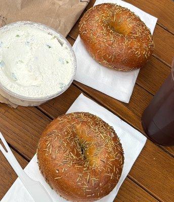 Rosemary and sea salt bagel with chive cream cheese