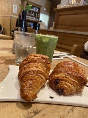 Pain au Chocolat, Croissant, Iced Matcha Latte