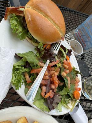 My bacon cheeseburger and side salad entree