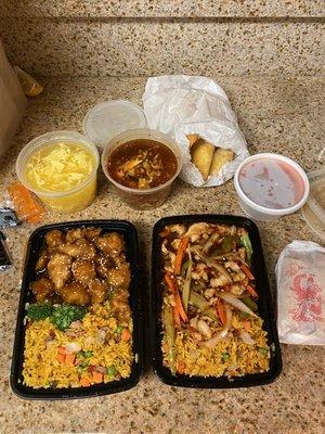 C. Sesame Chicken Combo Platter C. Chicken with Garlic Sauce Combo Platter Egg Drop Soup Hot and Sour Soup 8 Piece Krab Rangoon yummmmm