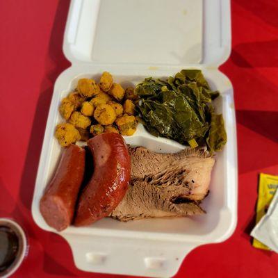 2 meat meal, Brisket, Sausage, Okra, Collard Greens.