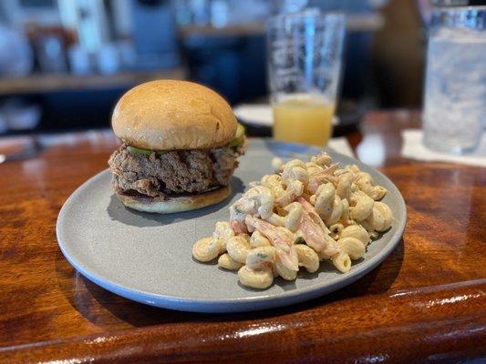 Fried chicken sandwich and pasta salad