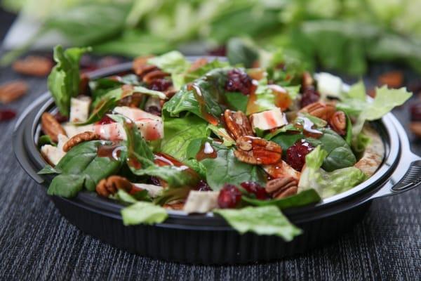 Romaine & Spinach Salad w  Chicken, Pecans and Dried Cranberries. Try it w Raspberry Vinaigrette