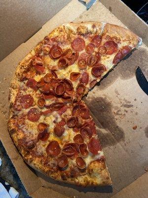 Extra large Pepperoni pizza with garlic crust.