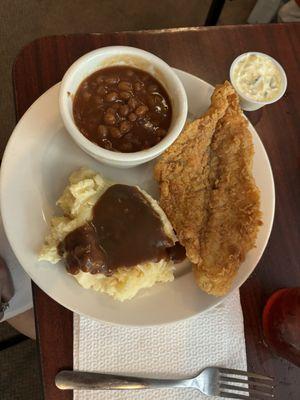 Catfish beans mashed potatoes with brown gravy