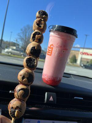 Oreo waffle stick and strawberry fresh milk w/strawberry poppers