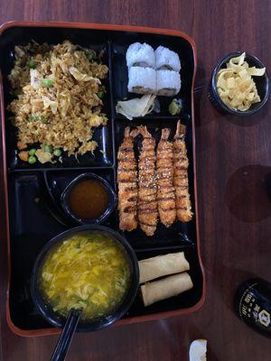 Egg Drop Soup, Fried Rice, California Roll, Shrimp Tempura Bento Box, Veggie Roll