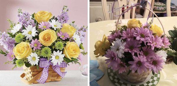 The "large" arrangement that I ordered on the left vs. the arrangement my parents received on the right.