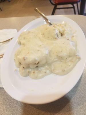 Sausage gravy and biscuits.