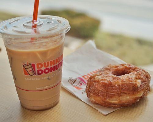 Pumpkin spice iced latte with a caramel apple cronut.