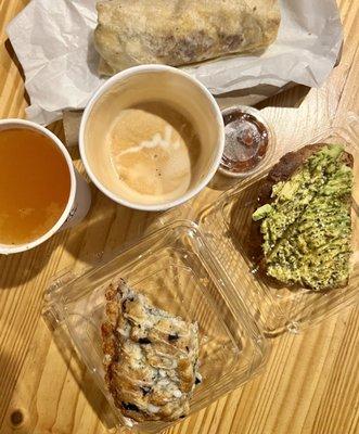 Apple cider, vanilla latte, blueberry scone, avocado toast, burrito