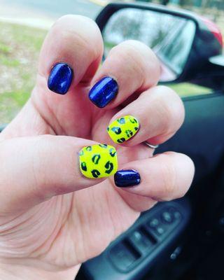 Shimmer Chrome Gel in Indigo and Fluorescent Yellow and Indigo Leopard design.