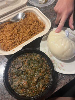 Jollof Rice, Efo Riro w/Fufu