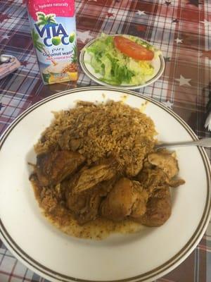 Chicken in Caribbean sauce and Spanish rice.