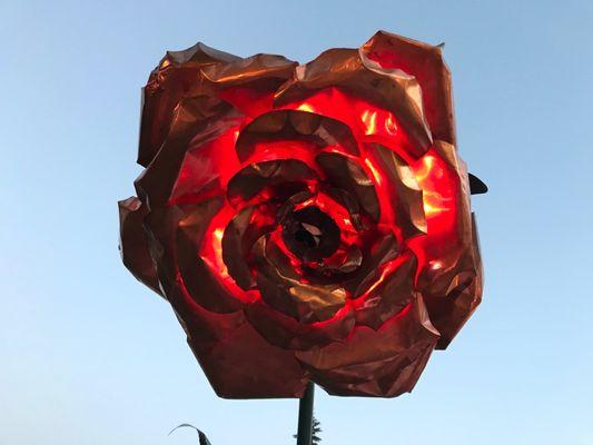 A close up of one of the metal backyard art.