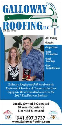 Galloway Roofing is a proud member of the Englewood Chamber of Commerce, Boca Chamber of Commerce, Placida Rotary, CDBIA & FBA.