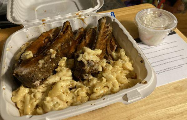 Coleslaw - smallest container available, ribs on congealed Mac and cheese...