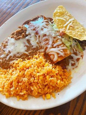 Taco, enchilada, rice & beans lunch special $4.95!! Includes drink