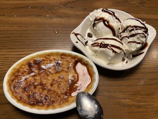 Flan & Ice cream with chocolate syrup